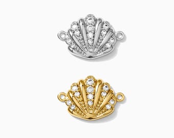 Shell connector charm with cubic zirconias, sterling silver, gold plated, cubic zirconia pave shell connector charm, permanent jewelry CN168