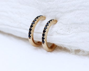 15mm Black Pave Hoop Earrings, .925 Sterling Silver, 18k Gold Plated, E34