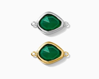 Genuine green agate connector charm, sterling silver, gold plated, asymmetrical faceted cabochon, permanent jewelry, genuine agate, CN173