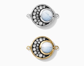 Genuine rainbow moonstone and CZ crescent moon connector, sterling silver, gold plated, bulk connectors, bracelet connector charm, CN103