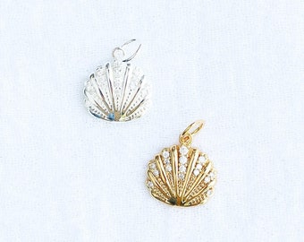 CZ pave scallop shell charm, .925 sterling shell pendant, gold plated shell pendant, shell pendant, shell charm, CH118