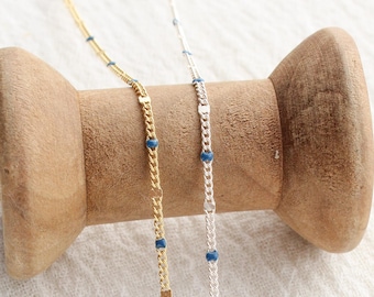 1.2mm dapped curb chain with blue enamel dots, 14k gold filled, sterling silver, permanent jewelry supplies, footage, bulk, S211, G211