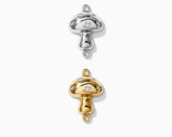 Mushroom connector charm, sterling silver, 18k gold plated, bulk connectors, cz mushroom bracelet connector charm, permanent jewelry, CN87