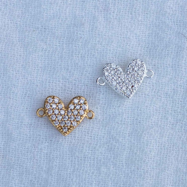 Pave heart connector charm, sterling silver, gold plated, pave bracelet connector, permanent jewelry, CN129