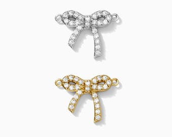 Pave bow connector, sterling silver, gold plated, cubic zirconia pave bow connector charm, coquette connector, permanent jewelry, CN167