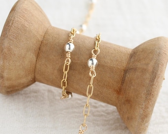 1.7mm paper clip chain with 3mm sterling silver beads, mixed metal, 14k gold filled, permanent jewelry chain, bulk, wholesale, M204