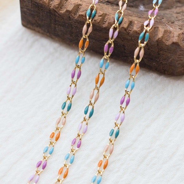 Enamel chain, multi color chain, permanent jewelry bulk enamel chain, purple pink blue turquoise orange enamel chain, GP105