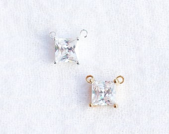Cubic zirconia square princess cut solitaire connector, sterling silver, gold plated, necklace connector charm, permanent jewelry, CN220