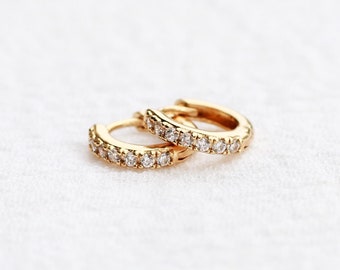 10.5mm gold plated pave hoop earrings, white gemstone hoop earrings, pave huggie earrings, pave hoops, E3