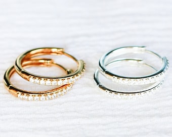 20mm sterling silver, gold plated, all white cz hoops earrings, cz hoops, 20mm pave huggie earrings, E42