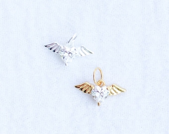 Cubic zirconia angel wing with heart charm, .925 sterling angel wing heart pendant, gold plated angel wing heart pendant, CH112