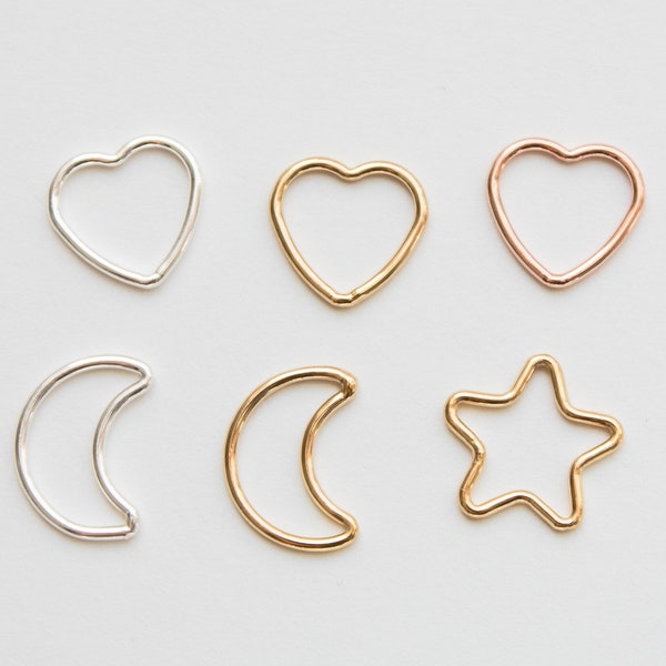 Heart connector, moon connector, star connector, gold filled, sterling silver, permanent jewelry supplies, CN11 heart, CN12 moon, CN20 star