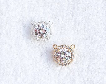 White cubic zirconia round halo necklace connector, sterling silver, gold plated, necklace connector charm, permanent jewelry, CN219