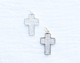All white cubic zirconia chunky pave cross charm, .925 sterling pave cross pendant, gold plated pave cross pendant, thick cross charm, CH123