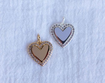 Pave border cubic zirconia heart charm, .925 sterling heart pendant, gold plated heart pendant, heart pendant, heart charm, CH100