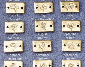 Birth flower mini stamped connectors, gold filled, sterling silver, permanent bracelet connector, SCN508
