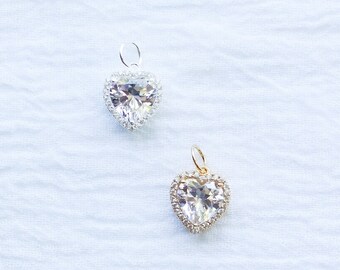 CZ heart halo charm, .925 sterling heart pendant, gold plated heart pendant, heart pendant, heart charm, CH124