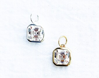 Cubic zirconia octagon assher cut charm, .925 sterling pendant, gold plated pendant, cz octagon pendant, charm, CH119