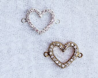 Pave light pink heart connector, sterling silver, gold plated, cubic zirconia pave heart outline connector charm, permanent jewelry, CN180