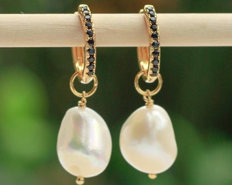 Pearl Hoop Dangle Earrings, 14k Gold Filled, .925 Sterling Silver, Sloane, E1