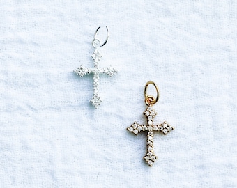 All white cubic zirconia pave gothic cross charm, .925 sterling pendant, gold plated pendant, charm, CH110