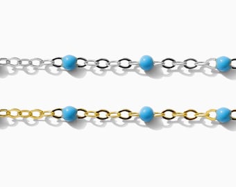 1.7mm flat cable chain with blue enamel dots, 14k gold filled, sterling silver, permanent jewelry footage bulk wholesale chain, S74 G74