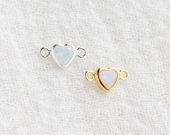 White opal heart bezel connector 4mm, horizontal, synthetic, sterling silver, gold filled, imitation white opal, permanent jewelry, CN342