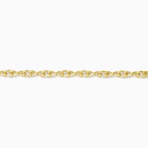 May include: A fine gold chain necklace featuring a twisted rope pattern. The chain, in a bright, polished gold, is displayed against a white backdrop. This necklace is a simple, elegant piece of jewellery.