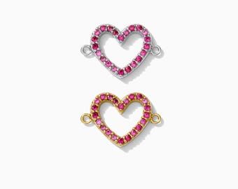 Ruby corundum pave heart connector charm, sterling silver, gold plated, corundum ruby pave bracelet connector, permanent jewelry, CN165