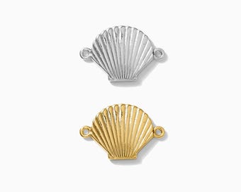 Flat scallop shell connector charm, sterling silver, gold plated, sea shell connector charm, permanent jewelry, beach theme charms, CN172