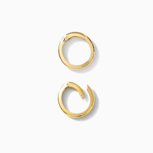 May include: Two gold-colored, circular clasps. One clasp is closed, forming a complete circle. The other clasp is open, with a curved section extending outwards. The clasps are set against a white background.