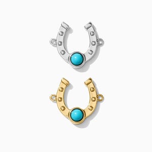 Horseshoe genuine turquoise connector charm, sterling silver, gold plated, CN157 image 1