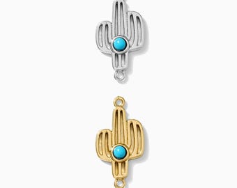 Cactus genuine turquoise connector charm, sterling silver, gold plated, coastal cowgirl connector, western, permanent jewelry, CN160