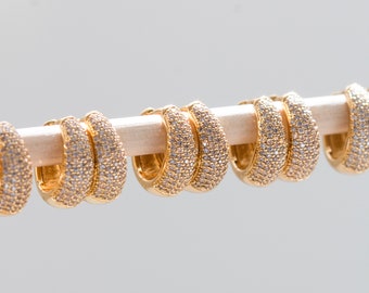 15mm gold plated tapered chunky huggie hoop earrings, cubic zirconia hoops, chunky huggie earrings, chunky hoop earrings, E2