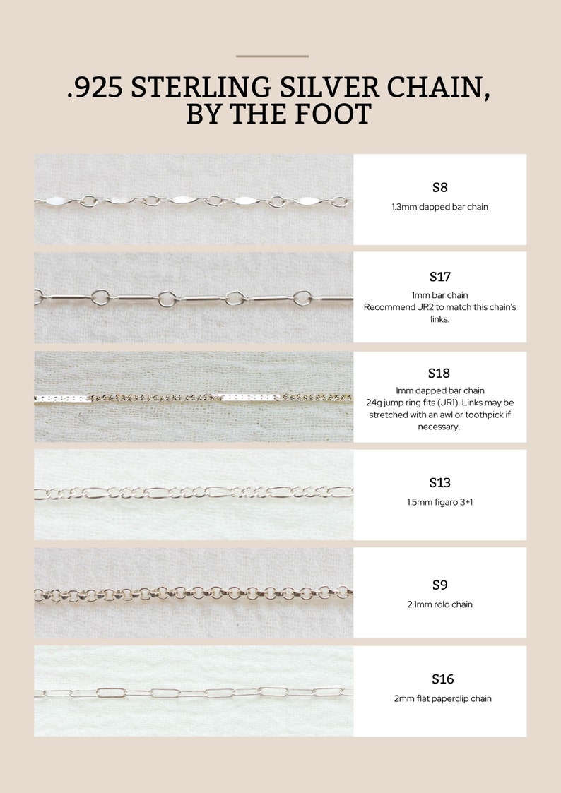 May include: A close-up of ten different sterling silver chains, each with a different style and thickness. The chains are displayed on a white background with a price and description for each chain.