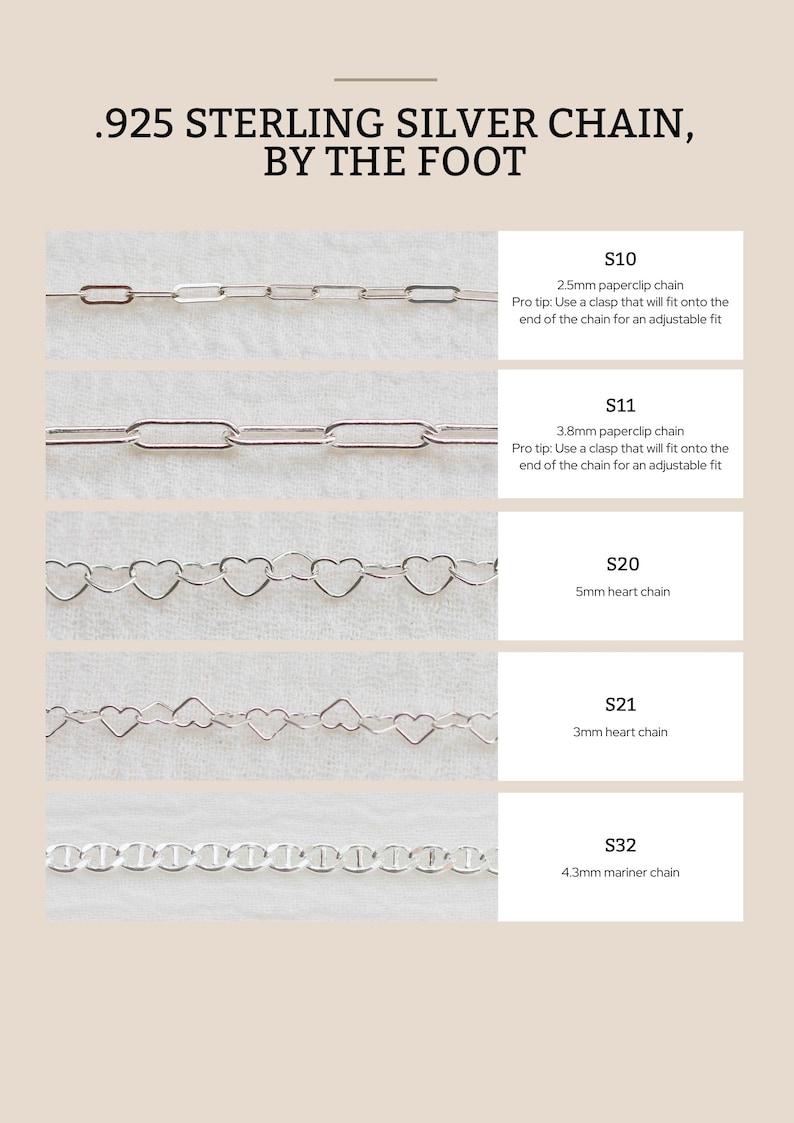 May include: Five different styles of .925 sterling silver chains, each with a different size and design. The chains are shown against a white background. The chains are labeled with their size and style, such as "2.5mm paperclip chain" and "5mm heart chain".