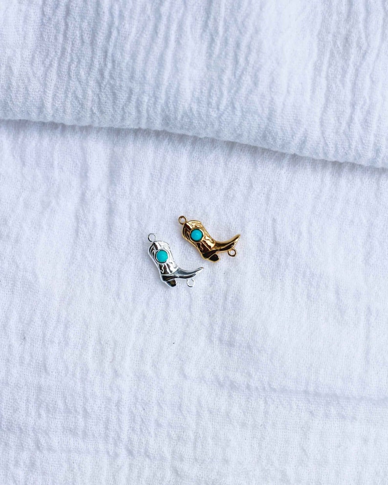 Cowgirl boot genuine turquoise connector charm, sterling silver, gold plated, cowboy boot connector, western, permanent jewelry, CN151 image 1