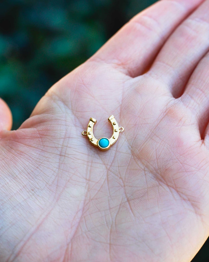 Horseshoe genuine turquoise connector charm, sterling silver, gold plated, CN157 image 4