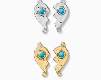BFF hearts genuine turquoise connector charm, sterling silver, gold plated, broken hearts BFF connector, western, permanent jewelry, CN156