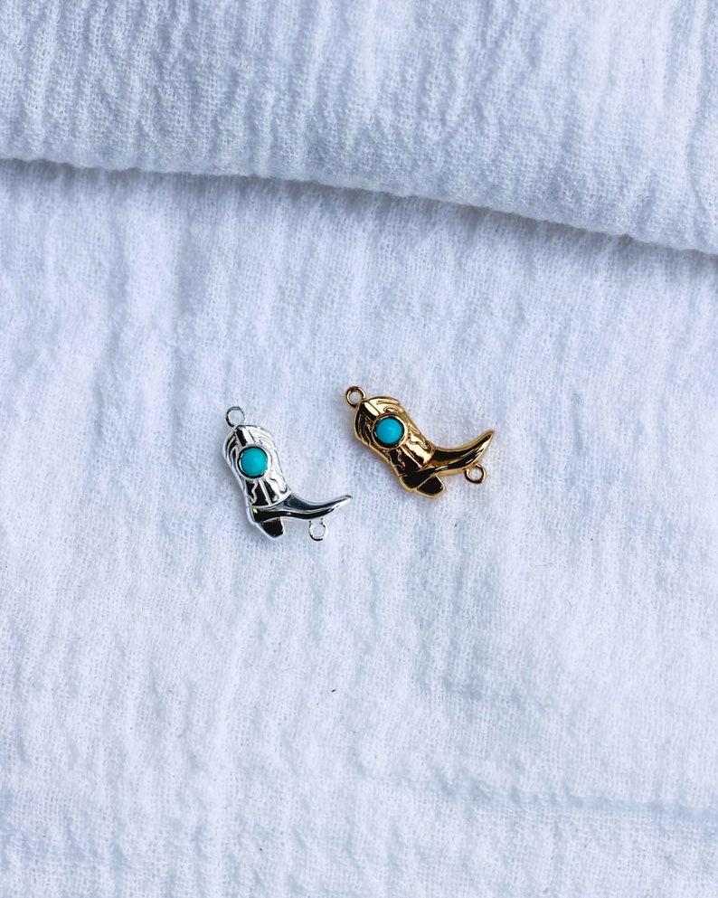 Cowgirl boot genuine turquoise connector charm, sterling silver, gold plated, cowboy boot connector, western, permanent jewelry, CN151 image 3