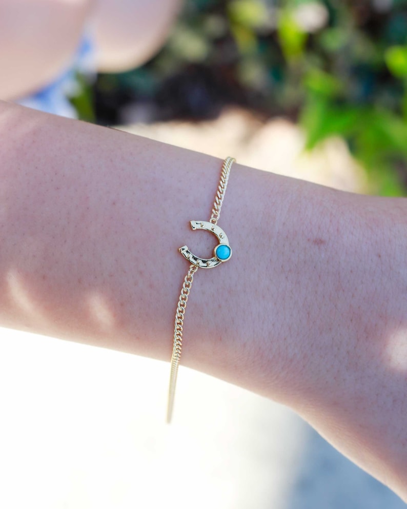 Horseshoe genuine turquoise connector charm, sterling silver, gold plated, CN157 image 3