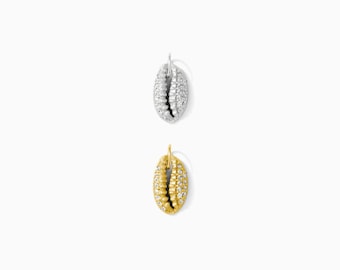 Pave cowrie shell charm, all white cubic zirconia, .925 sterling shell pendant, 18k gold plated shell pendant, CH81