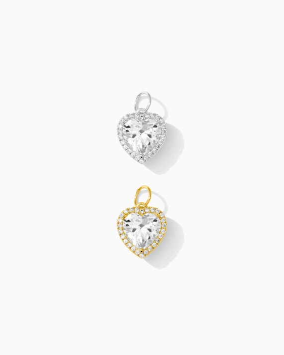 haluc❤ Cubic Zirconia Heart Halo Charm, .925 Sterling Silver, 18k Gold