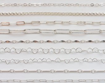 Sterling silver footage chain, silver bulk chain, silver wholesale chain, silver paperclip chain, silver flat cable chain, rolo chain