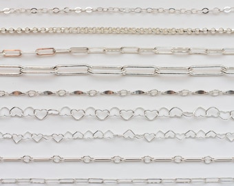 Sterling silver footage chain, silver bulk chain, silver wholesale chain, silver paperclip chain, silver flat cable chain, rolo chain