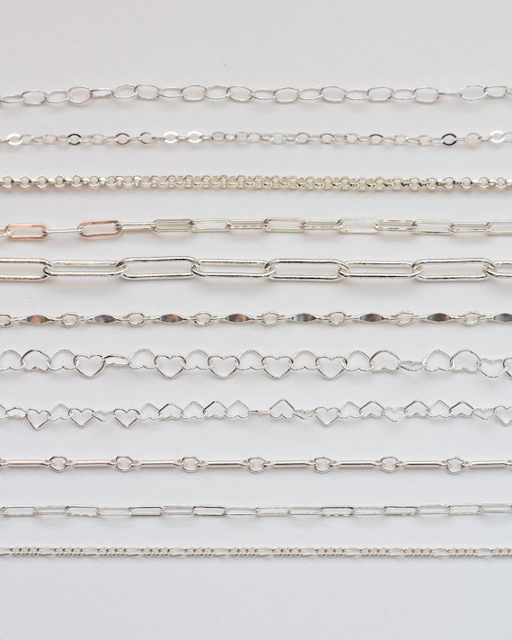 Sterling silver footage chain, silver bulk chain, silver wholesale chain, silver paperclip chain, silver flat cable chain, rolo chain