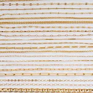 14k gold filled footage chain, wholesale bulk chain for permanent jewelry supplies, paperclip chain, dapped bar chain, satellite chain