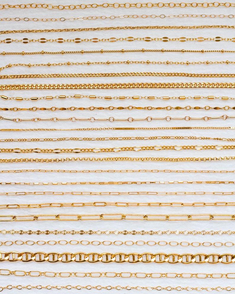 14k gold filled footage chain, wholesale bulk chain for permanent jewelry supplies, paperclip chain, dapped bar chain, satellite chain image 1