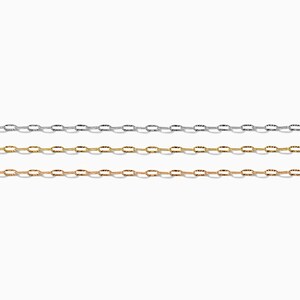May include: Three delicate chain necklaces in silver, gold, and rose gold hues. Each chain features an oval link design. The chains are displayed against a clean white background, highlighting their colour and texture. Jewellery.