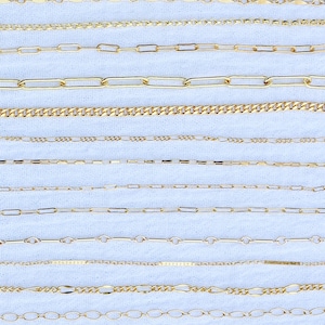 14k gold filled footage chain, wholesale bulk chain for permanent jewelry supplies, paperclip chain, dapped bar chain, satellite chain